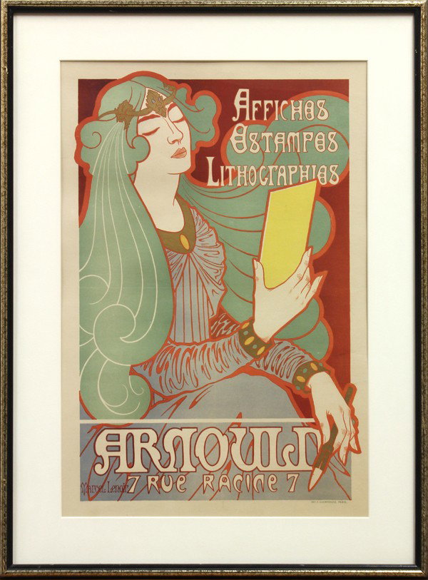 Lithograph, Marcel Lenoir, Champenois: Framed color lithograph poster, ''Arnould,'' 1896, by Marcel Lenoir (French, 1872-1931), printed by F. Champenois, Paris, signed ''Marcel Lenoir'' within print, publication line at lower right, image: