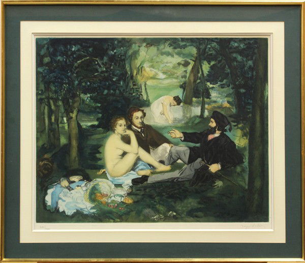Etching, Jacques Villon, after Manet: Framed color etching/aquatint, ''Le dejeuner sur l'herbe,'' 1929, by Jacques Villon (French, 1875-1963), after Eduard Manet, pencil signed ''Jacques Villon'' lower right, pencil numbered edition of 20