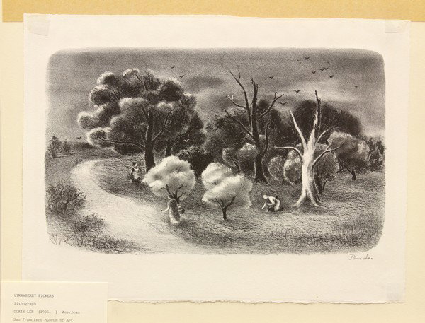 Prints, Grace Albee and Doris Lee: (lot of 2) Unframed wood engraving, ''Forgotten Things,'' 1943, by Grace Albee (American, 1890-1985), signed in pencil lower right, edition of 500, and unframed lithograph, ''Stawberry Pickers,'' circ