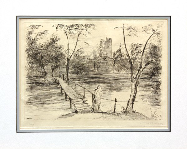 Etching, Ludwig Meidner, Couple by a Bridge: Unframed etching, Couple by a Bridge, 1921, by Ludwig Meidner (German, 1884-1966), pencil signed ''Ludwig Meidner 1921'' lower right, Edition 17/115, overall: 10.75''h x 15''w