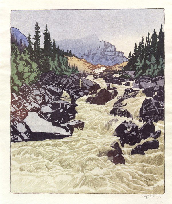 Woodcut, Walter J. Phillips, Above Lake Louise: Unframed woodcut, ''Above Lake Louise,'' 1945, by Walter Joseph Phillips (Canadian, 1884-1963), signed in pencil lower right, sheet: 8.5''h x 7.25''w. Accompanied by original presentation folder. Prov