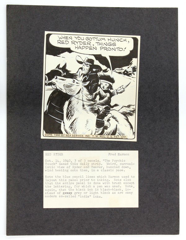 Comic Art, Fred Harman, Red Ryder: (Lot of 5) Unframed mixed medias on paper, ''Red Ryder,'' dailies, 1940-1948 by Fred Harman (American, 1902-1982), each signed ''Fred Harman,'' largest overall: 7''h x 21.25''w