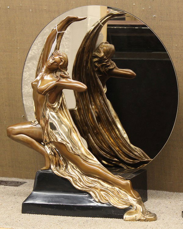 Sculpture, Alice Riordan, Moon Dance: Bronze sculpture with mirror, ''Moon Dance,'' by Alice Riordan (American, 20th century), signed ''Alice Riordan'' upon base, overall: 24.75''h x 21.5''w x 10.75''d