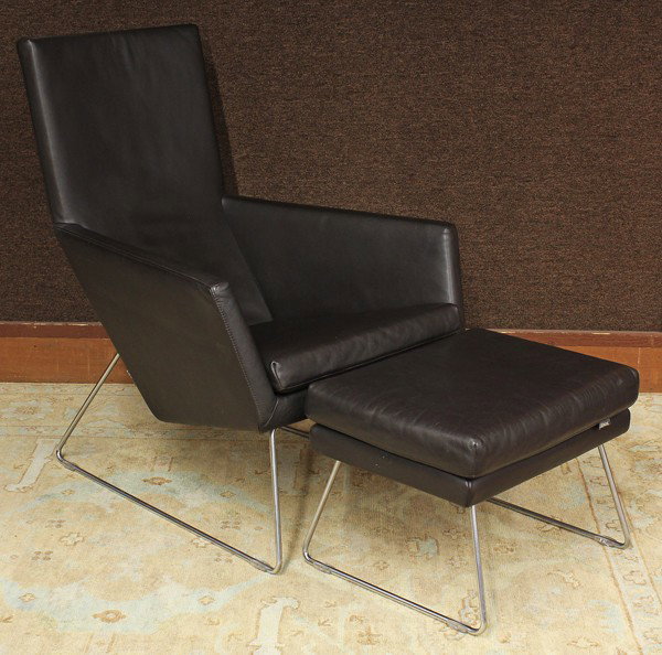 Gerard van den Berg, Don armchair and ottoman: (lot of 2) Gerard van den Berg, Don armchair and ottoman, upholstered in dark chocolate leather, and supported on chrome steel rod, chair: 37.5''h x 28'w x 28''d, ottoman: 15.5''h x 21''w x 16''d
