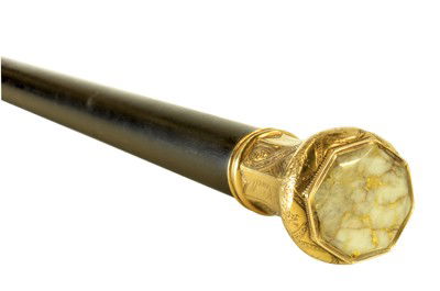 Historic California Gold Quartz walking stick: Historic California Gold Quartz presentation walking stick, presented by The Engrossing Clerks of The California State Assembly to Hon. Hugh Bell Newell, Assemblyman from El Dorado County, CA 1867-187