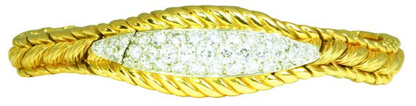 Lady's Diamond Set Platinum Covered Watch Bracele: Lady's diamond watch bracelet; mounted in 18k yellow gold and platinum covered, set with (39) mixed full and single cut diamonds weighing approximately 1.65 cts, the case back stamped VAN CLEEF & ARPE