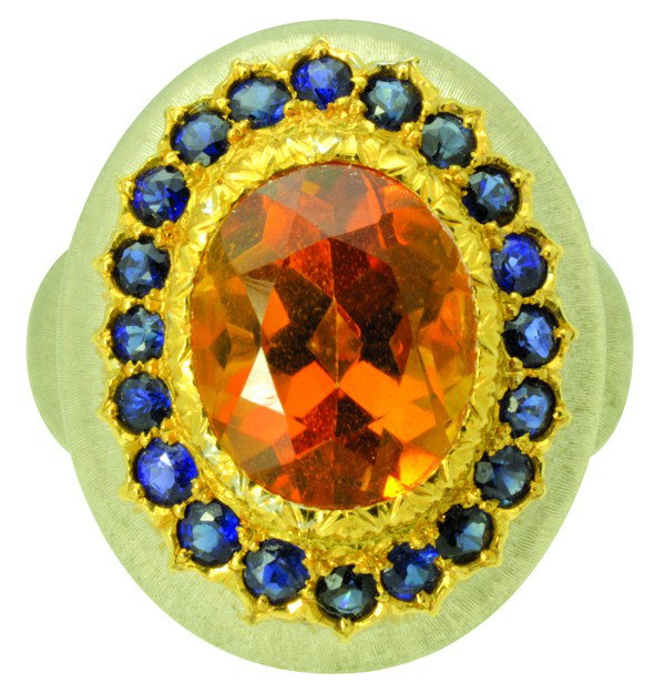 Buccellati Citrine and Blue Sapphire Ring: Citrine and blue sapphire BUCCELLATI wreath crowned ring; mounted with 18k yellow and white gold. Total ring weight approximately 12.0 grams. Ring size 6.25