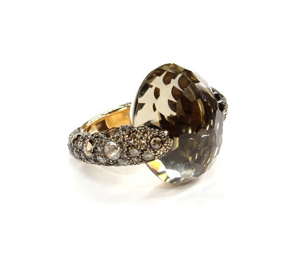 Smokey Quartz and Brown Diamond Ring: POMELLATO designed, smokey quartz and brown diamond shoulder shank ring; mounted in 18k rose gold. Total diamond weight approximately 2.84 cts. Total weight 18.8 grams. Ring size 4