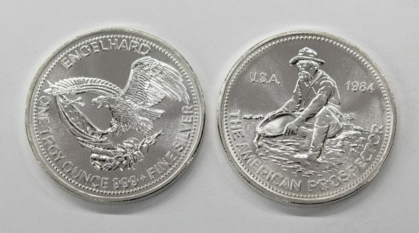 Lot of 25 American Prospector Silver Rounds: Lot of twenty-five 1 oz. pure silver rounds, ''The American Prospector'' by Engelhard 1984