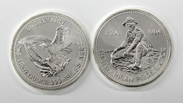 Lot of 25 American Prospector Silver Rounds: Lot of twenty-five 1 oz. pure silver rounds, ''The American Prospector'' by Engelhard 1984