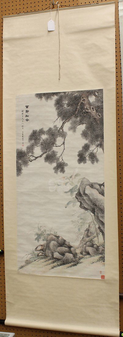 Chinese Scroll, Marked Dai Zhennian, Flower: Chinese hanging scroll, ink and color on paper, Cypress and Lily, after Dai Zhennian, entitled 'bai ling he he', bearing the signature 'Dai Zhannian' and three seals, painting: 44.75''h x 22''w, overa