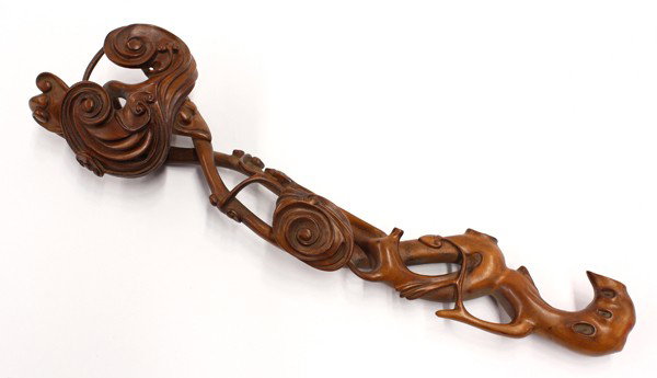 Chinese Boxwood Ruyi Scepter: Chinese boxwood carved ruyi scepter, sculpted as a gnarled lingzhi branch with smaller sprigs entwining the twisted shaft, 11.5''