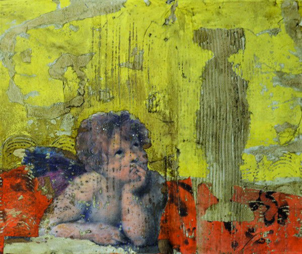 Painting, Pierre Marie Brisson: Unframed oil on canvas, printed paper collage and tempera on plaster, Untitled Fresco, 1993, by Pierre Marie Brisson (French, b. 1955), overall: 18.5"h x 624"h (approximately). Provenance: From the es