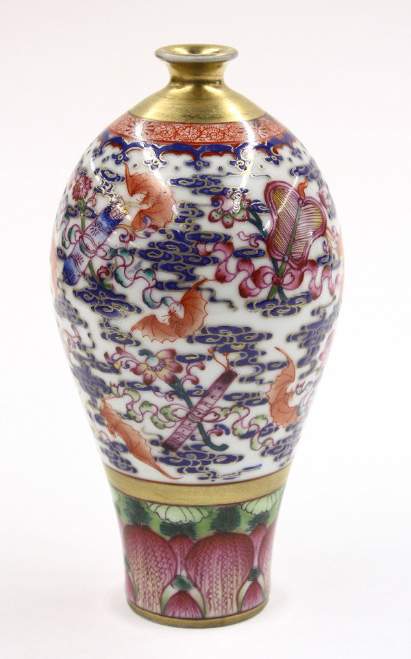 Chinese Gilt/Enameled Porcelain Small Vase: Chinese gilt and polychrome enamel decorated porcelain ovoid vase, the small slender body finely painted on the exterior in gold and bright enamels with the Eight Daoist Emblems and bats amid stylized