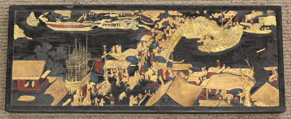 Chinese Polychrome Ink Stick: Chinese large gilt and polychromed ink stick, one side representing a busy urban scene from the 'Qing Ming Shang He Tu', reversed by the title and poetic colophon accented in gilt, the side reads '[Hu