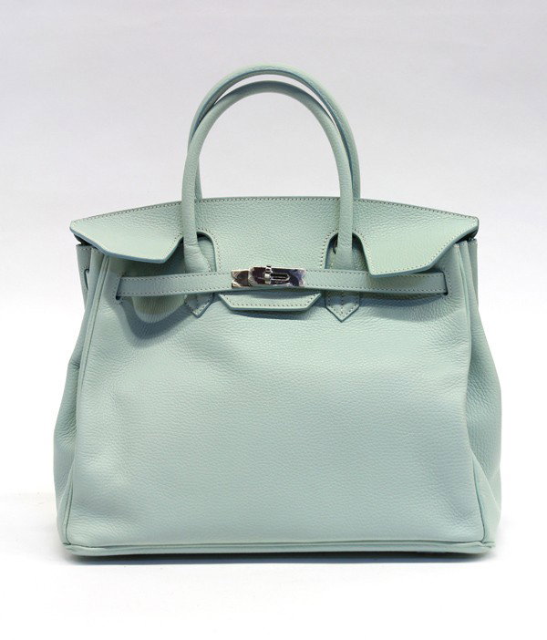 Lederer 35 seafoam leather Birkin bag: Lederer (Hermes) 35 seafoam leather Birkin bag with palladium hardware, marked Lederer De Paris Made in Italy, note: all measurements are in centimeters, 30h x 35w x 20d, handle drop 11. Provenance: P