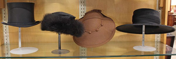 vintage hats and hat boxes: (lot of 18) Vintage hats and accessories including bonnets, Stetson top hat, youth apron, and hatboxes