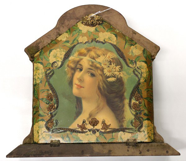 Victorian Ladies' Grooming Set: Victorian Ladies' Grooming set housed in an arched velvet box, the hinged door opening to reveval a mirrored back and fitted interior containing a brush, hand mirror, a nail file, a hair clip and two 