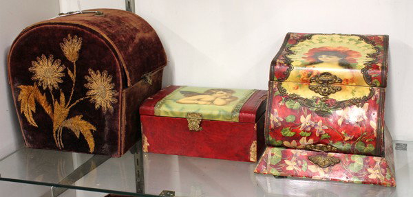 Lot of three Victorian boxes: (lot of 3) Victorian trinket and accessory boxes, including a velvet upholstered handle box with floral embroidery, 9.25''h x 9''w x 6.75''d