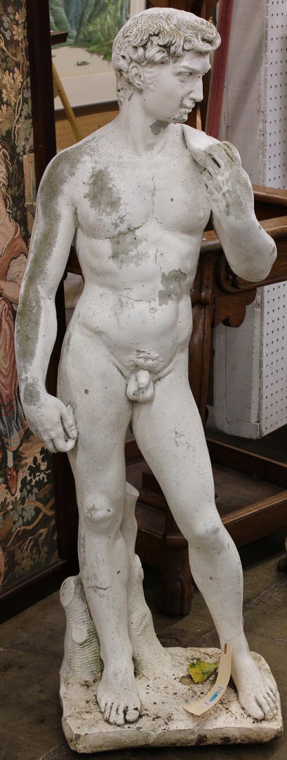 Stone garden statue: Cast stone garden statue of David, 45''h