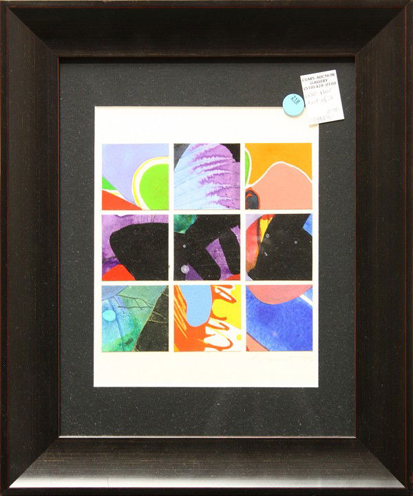 Paintings, James Grant, Abstract, Nude: (Lot of 2) Framed oil collage on paper, 9 Squares, and a watercolor, Standing Nude, by James Grant (Californian, 1924-1997), pencil signed ''Grant'' lower right, largest overall: 26''h x 20''w