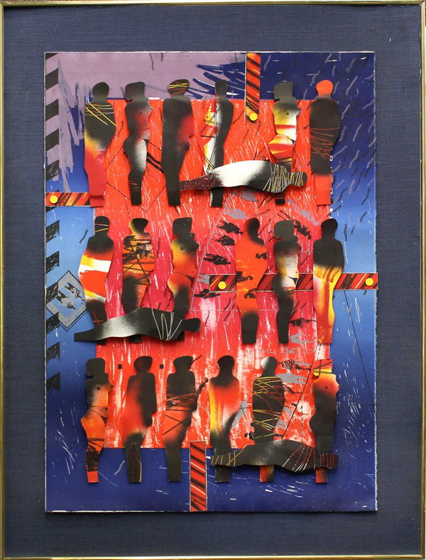 Collage, John Tarrell Scott: Framed lithograph 3-D collage, ''Blues for the Middle Passages #1,'' by John Tarrell Scott (American, 1940-2007), signed lower right, titled lower left, edition 2/51, overall: 36.5''h x 28''w