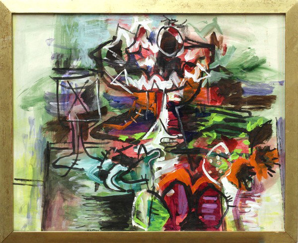 Painting, Guy MacCoy, Abstract: Framed oil on paper, Abstracted Figure, by Guy MacCoy (American, 1904-1981), signed ''MacCoy'' lower center, paper: 23.5''h x 29.5''w, overall: 26.5''h x 32.5''w