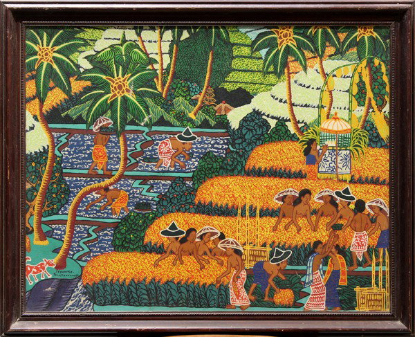 Gouache, Balinese School, 20th c.: Framed gouache, Village Scene, Balinese School (20th Century), signed lower left, overall: 25.5''h x 31.25''w