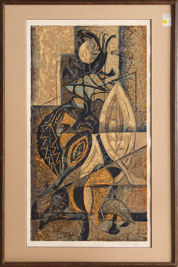 Works by de Ferrante and Paluzzi: (Lot of 2) Framed serigraph, ''Flowering Plant,'' Mario de Ferrante (Italian/American, 1898-1992), signed in pencil lower right, edition of 50, and framed mixed media on paper, Untitled, by Claudia Pa