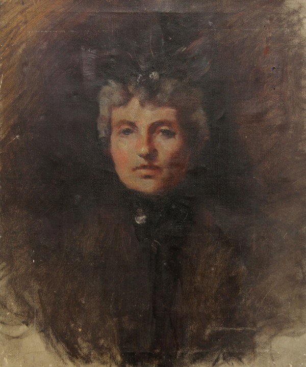 Painting, attrib. Orrin Peck: Unframed oil on canvas, Study of Mrs. Brice (Elizabeth Talcut), attributed to Orrin M. Peck(Californian, 1860-1921), unsigned, old paper with sitter and artist's name verso, overall: 24''h x 20''w