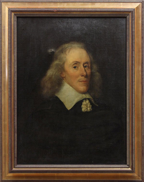 Painting, attrib. Bartholomeus van der Helst: Framed oil on canvas, ''Edmund Pershall of Church Hill,'' attributed to Bartholomeus van der Helst (Dutch, 1613-1670), title label affixed verso, canvas: 29.75''h x 22.5''w, overall: 35.25''h x 28''w