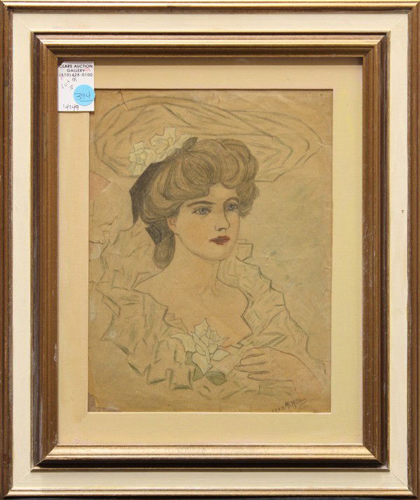 Three portraits of women: (lot of 3) Framed colored pencil drawing, Portrait of a Lady Wearing a Hat, 1903, and framed watercolors, Woman Smelling a Budding Flower & ''The Gibson Girl,'' 1905 and 1907, each signed ''M. B. Mill