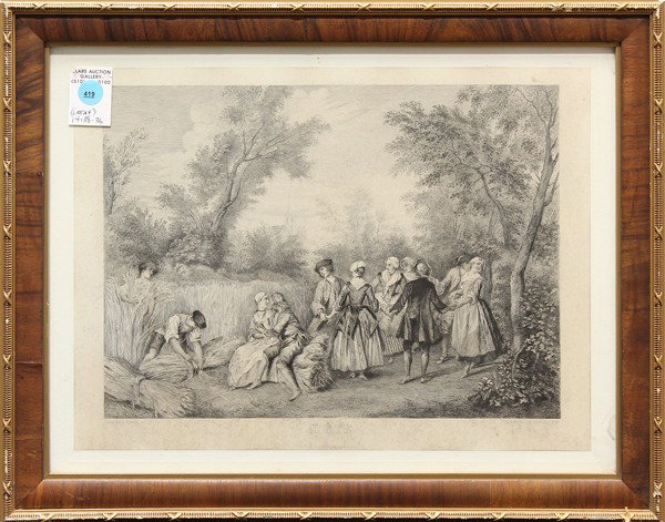Set of 4 French Engravings: (lot of 4) Framed engravings, ''L'Hiver'', ''Le Printemps'', ''L'Ete'', and ''L'Automne,'' French, 19th century, after paintings by Nicolas Lancret (French, 1690-1743), overall (each): 16.75''h x 20.5