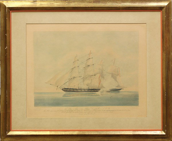Aquatints, Edward Duncan, after: (Lot of 2) Framed aquatints with hand coloring, ''H.M.S. Winchester'' and ''H.M. Brigantine Buzzard,'' 1830s, by Edward Duncan (British, 1803-1882) after William Huggins, publication lines within lowe