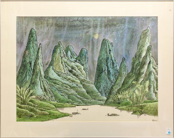 Watercolor, Earl Thollander, The Li River: Framed watercolor on paper, ''The Li River'' by Earl Thollander (American, 1922-2001), signed by the artist lower right, overall: 38.25''h x 48.25''w
