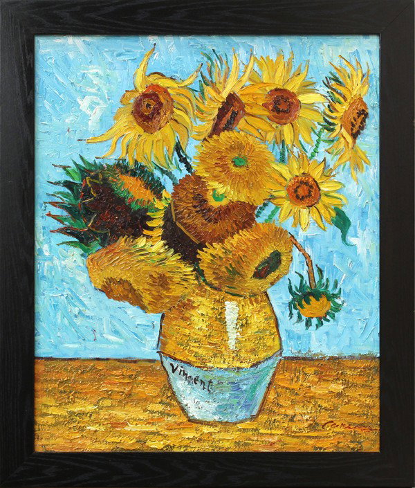 Painting, Manner of Van Gogh, Sunflowers: Framed oil on canvas, Sunflowers, in the manner of Vincent Van Gogh, signed indistinctly ''Cakling'' (?) lower right, overall: 28''h x 24''w