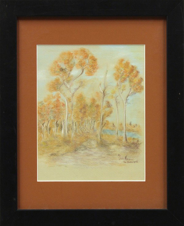 Pastel, attributed to Child Hassam: Framed pastel on paper, Autumn Landscape with Trees, attributed to Childe F. Hassam (American, 1859-1935), bears signature and possible title lower right, overall: 16''h x 13''w