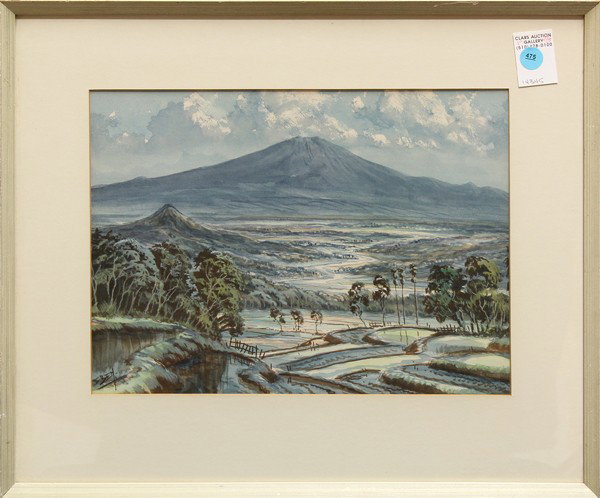 Painting, Polynesian Landscape: Framed gouache and watercolor on paper, Polynesian Mountainscape, 20th century, signed ''Iben'' lower left, overall: 16''h x 19''w