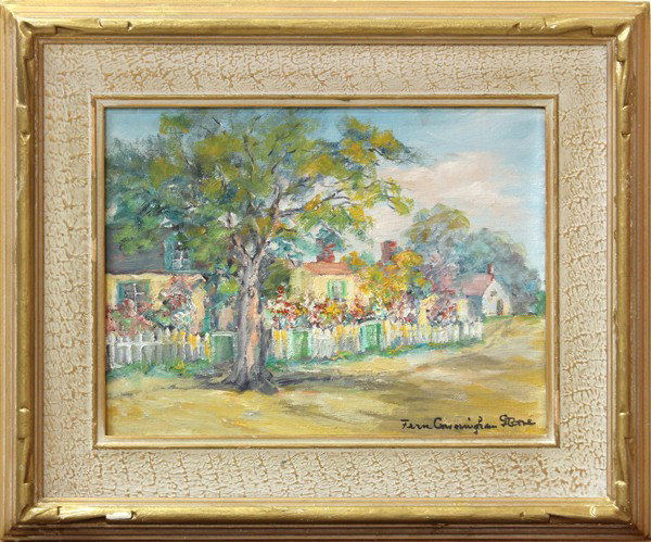 Painting, Fern Cunningham Stone, Gardened Homes: Framed oil on board, Gardened Homes, by Fern Cunningham Stone (Californian, 1889-1975), signed ''Fern Cunningham Stone'' lower right, overall: 14''h x 17''w