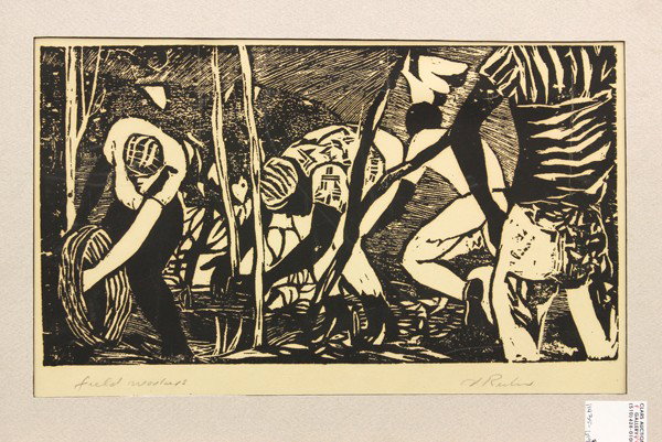 Woodcut, V. Reuben, Field Workers, Jamaican: Unframed (matted) woodcut, ''Field Workers,'' Jamican 20th century, by V. Reuben, signed in pencil lower right, titled in pencil lower left, overall: 13''h x 19.5''w