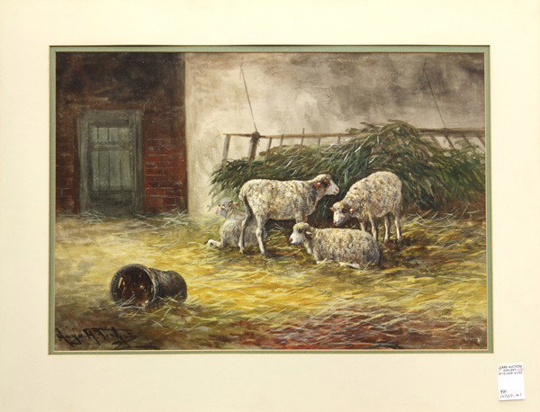 Watercolor, Hugo Anton Fisher: Framed watercolor, Sheep by the Barn. by Hugo Anton Fisher (Californian, 1854-1916), signed lower left, sight: 14.5''h x 21''w