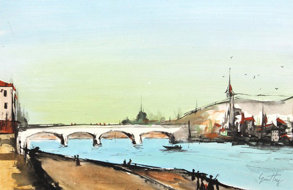 Gouache, manner of Renato Guttoso: Unframed gouache on cardboard, Paris River Scene, in the manner of Renato Guttuso (Italian, 1911-1987), bears signature lower right and verso, overall: 11''h x 16.5''w
