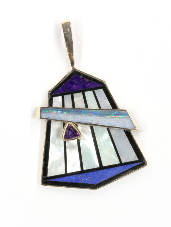 PETER JON Pendant: Opal, mother-of-pearl, lapis, and sugilite inlaid pendant; mounted in 14k yellow gold, by Peter Jon, with an amethyst accent. Total pendant weight 9.8 grams