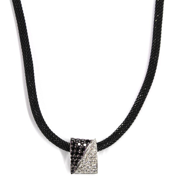 Black and White Diamond Slide Pendant: Black and white diamond slide pendant with black mest cord; mounted in 18k white gold, set with (44) round full cut diamonds weighing in total approximately 1.00 ct. Total weight 7.5 grams. Mesh cord 