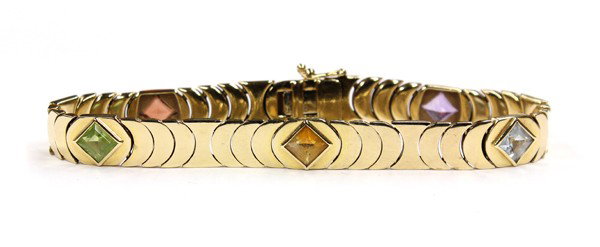 Multi-Colored Gemstone Cresent Linked Bracelet: Multi-colored gemstone flexible cresent linked bracelet; mounted in 14k yellow gold. Total bracelet weight 20.2 grams