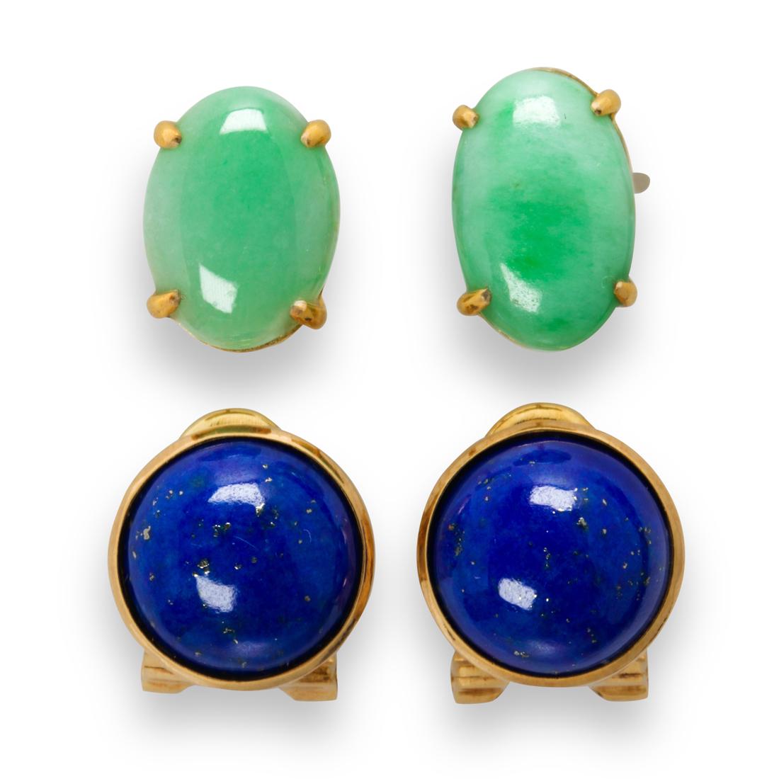 A group of hardstone and fourteen karat earrings: A group of hardstone and fourteen karat earringsincluding two pairs of stud earrings, set with round cabochon lapis lazuli, measuring approximately 9.70 x 4.85 mm, or oval cabochon jadeite, measuring