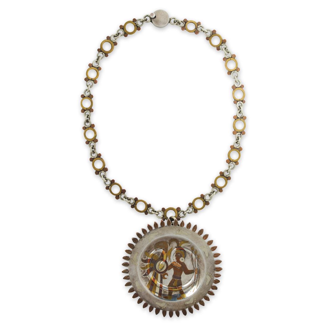 A tri-tone pendant necklace, Chato Castillo: A tri-tone pendant necklace, Chato Castillo designed as a substantial pendant, featuring inlay depicting a mayan or Aztec warrior and sun, suspending from tri-tone fancy-link chain. 92.8 g; pendant di