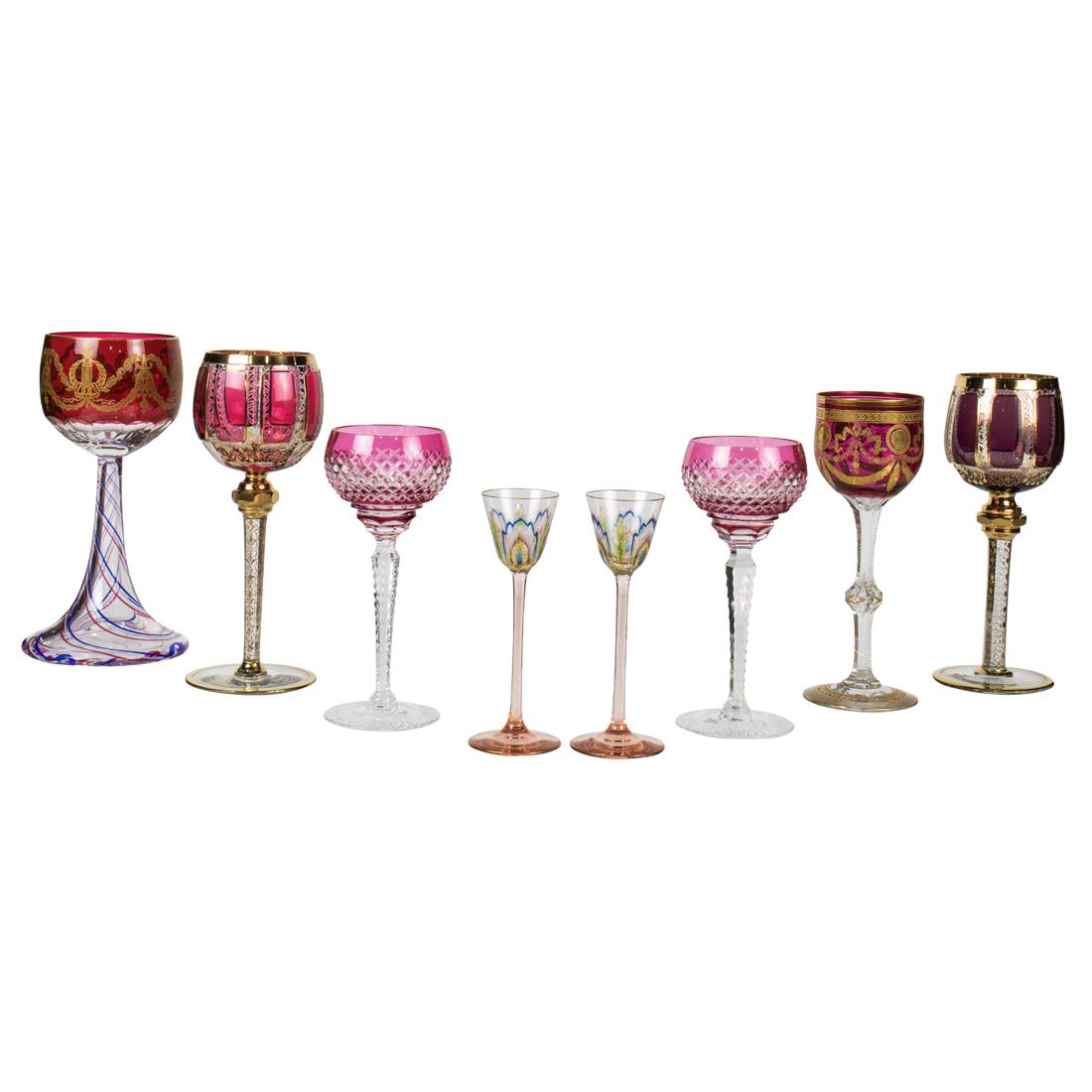 (Lot of 8) Group of Continental colored glass including St. Louis and Moser: (Lot of 8) Group of Continental glass, comprising St. Louis limited edition goblet in original box and certificate of authenticity, 8.5"h; St. Louis wine in the Congress pattern, unmarked, 7.75"h; pai