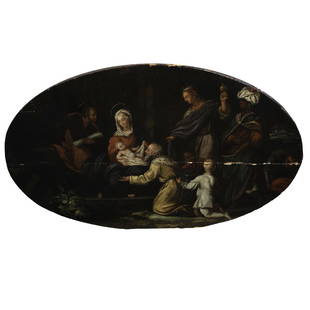 Painting, Friedrich Geselschap: Friedrich Geselschap (German, 1835-1898), "Nativity Scene," oil on oval panel, unsigned, panel (unframed): 11.75"h x 19.5"w