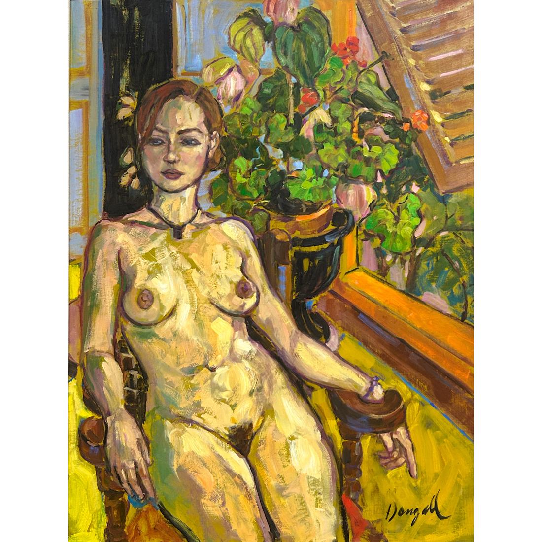 Painting, Jae Dougall: Jae Dougall (Canadian, b. 1956), Nude with Plant, oil on board, signed lower right, sight: 31.5"h x 23.5"w, overall (with frame): 35.5"h x 27.5"w